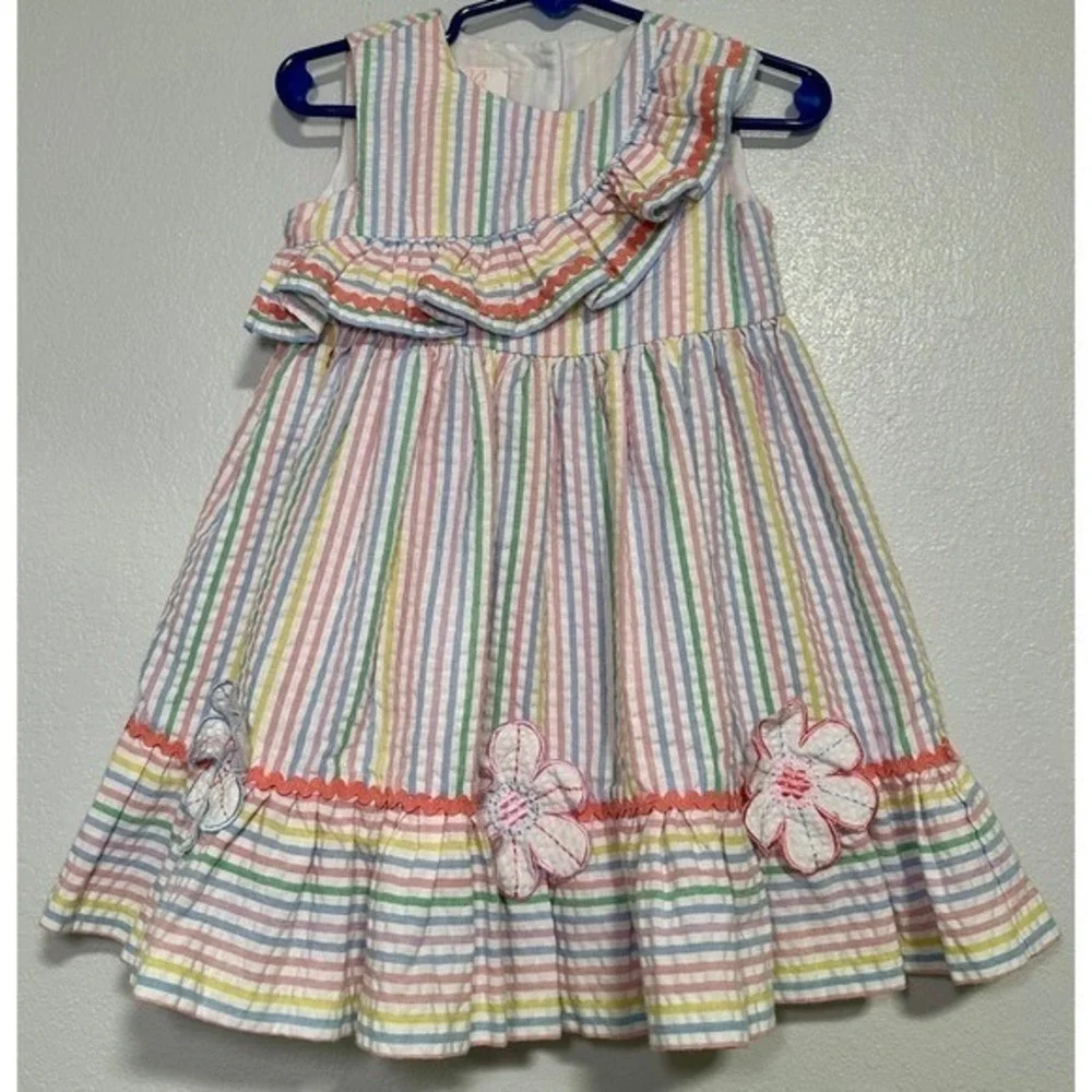 Girls Pastel Stripe Seersucker Dress Ruffle Flower Applique Summer Toddler 24 M